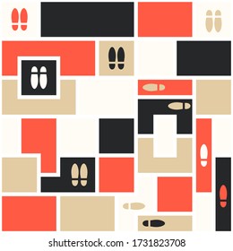 Footprints in square block with white frame. Creative seamless pattern vector. Social distancing concept design for background, banner, poster.