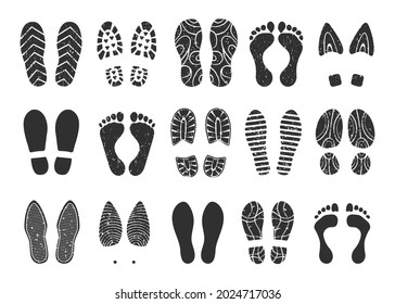 Footprints steps, sneaker or boot shoe print, human footprint. Shoes soles prints, barefoot, grunge foot imprint, footstep silhouette vector set. Footwear trail, male and female trace