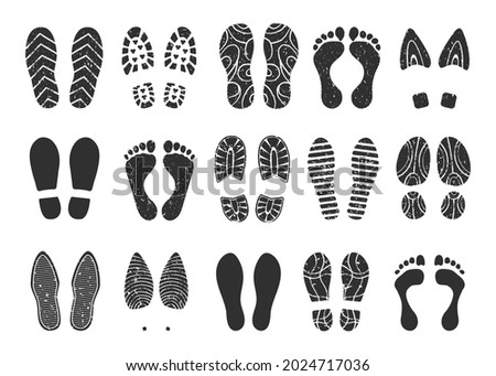 Footprints steps, sneaker or boot shoe print, human footprint. Shoes soles prints, barefoot, grunge foot imprint, footstep silhouette vector set. Footwear trail, male and female trace