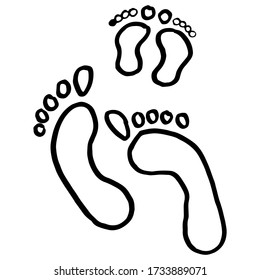 Etiqueta de huellas colocadas en fondo aislado blanco. Pies por invitación y tarjeta de regalo, salón de tatuajes o logotipo de agencia de viajes, baldosas de baño. Estuche de teléfono o impresión de tela. Ilustración vectorial de estilo Doodle