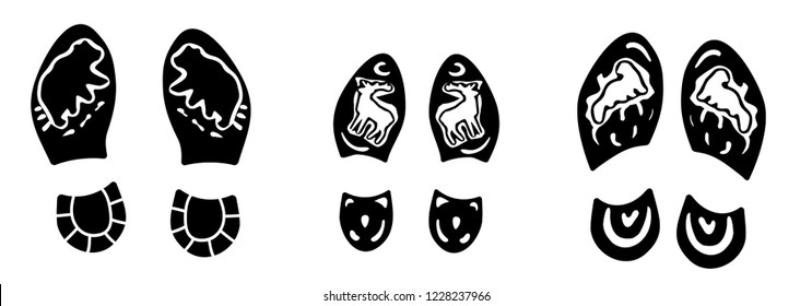 Footprints of the three human: mom, dad and daughter. Beautiful boots footsteps with a drawings: bear, deer and sable