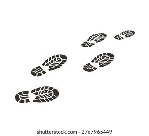 Footprints trail with shoe sole marks in different sizes, diagonal path composition. Crime clue, detective and mafia board game design for cards, tokens and print, vector illustration.