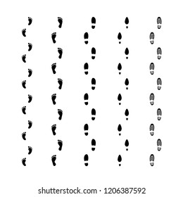 Footprints trails marks set. Male, female, baby feet imprint tracks. Black vector human shoe and barefoot footprint tracks.