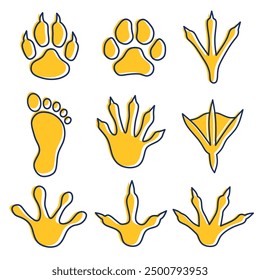 footprints of various animals abstract illustration.hand drawn footprints vector elements collection