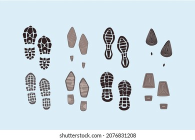 Footprints and various soles concept. Set of different foot prints of boots silhouettes different sizes and shapes over blue background vector illustration 