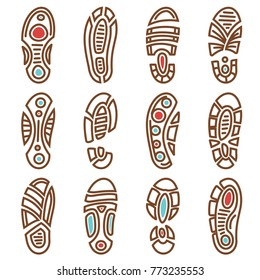 Footprints vector icons of boot shoe sole track print pattern