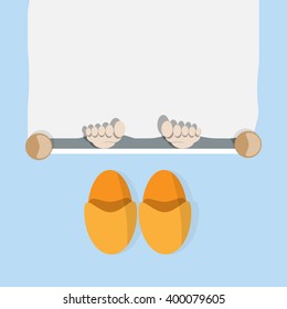 Foots in a bed and pair of slippers vector image