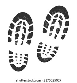 Footstep black silhouette, bootprint isolated on white background. Grunge track, symbol cartoon style.