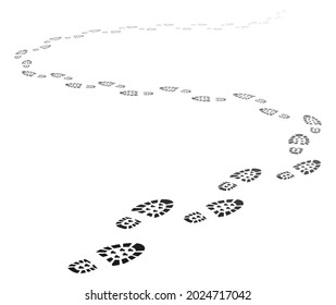 Camino de paso en perspectiva, alejándose del camino de la huella. Rastreo de siluetas de huellas de pies humanos, fondo vectorial de pista de impresión de lenguado de zapatos. Impresiones sucias del par de botas salientes masculinas