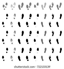 Footsteps. Footprints. Shoe and bare foot print. Shoes imprints set. Foot trail. Vector illustration