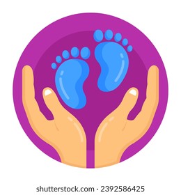 Footsteps with hands, flat round icon of baby care on purple background