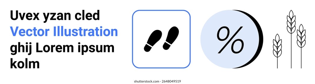 Footsteps in a square, large percentage symbol, wheat stalks. Ideal for business presentations, analytics reports, agriculture insights, marketing materials, educational content, financial data