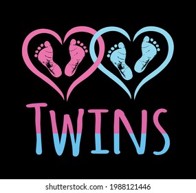 Footsteps stencil sign.Twins.Twin icon.Blue pink black vector baby footprints silhouette print design.Baby shower.New born.Heart frame shape.It's a girl,boy.Love symbol.Human footsteps in two hearts.