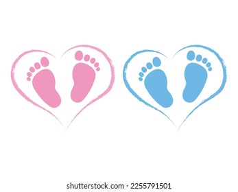 Footsteps. Twins. Twin icon. Blue pink vector baby footprints silhouette print design. Baby shower. New born.  It's a girl,boy. 