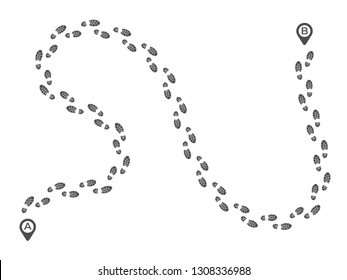 Footsteps walking route. Footprint imprint way track, run foot feet tracks and walk footstep. Cross trekking imprint, foots shoe steps or footsteps vector illustration