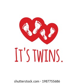 Footsteps.It's twins.Twin icon.Red white vector baby footprints silhouette print design.Footsteps.Baby shower.New born.Heart frame shape.It's a girl,boy.Love symbol.Human footsteps.Greeting card.Kids.