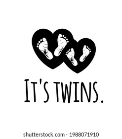 Footsteps.It's twins.Twin icon.Black vector baby footprints silhouette.Baby shower.New born.Heart frame shape.It's a girl,boy.Love symbol.Human footsteps.Greeting card.Kids.T shirt print design.Poster