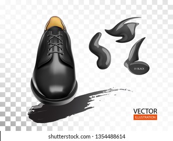 Footwear 3D realistic with shoecare cream isolated vector illustration for cobbler shoe shop for ads, promo, web design, flyers, print, brochures, banners of accessories kit for shoeshine service .