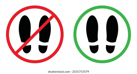 Footwear allowed and prohibited circle sign symbol isolated. Pair shoe warning sign symbol. No casual shoe silhouette icons. No footprint sign. Isolated vector illustration.