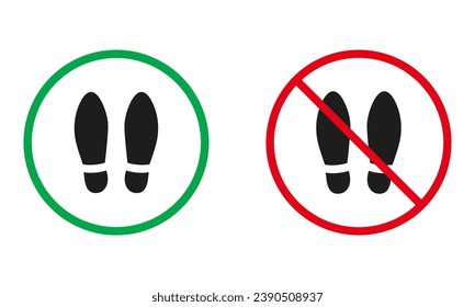 Footwear Allowed And Prohibited Circle Symbol. Pair Shoe Warning Sign. No Casual Shoe Silhouette Icons Set. Isolated Vector Illustration.