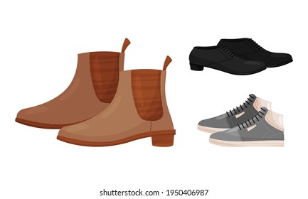 Footwear with Ankle Boots and Laced Sneakers Vector Set