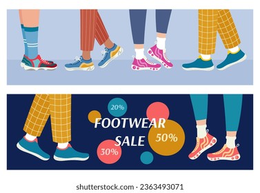 Footwear Banners Set. Legs in sneakers side view. Special offer design. Advertising banner with sports shoes. Flat vector illustration.