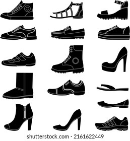 Footwear black and white icons collection set