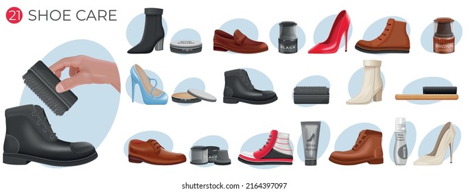 Footwear care composition set with jar of polish tube brushes male and female shoes and boots isolated realistic vector illustration