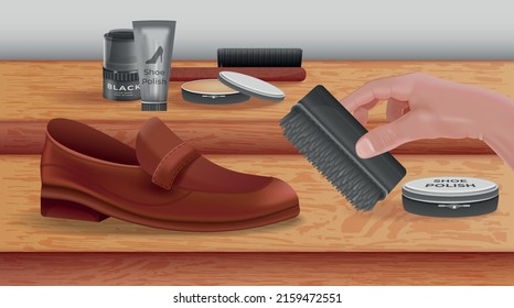 Footwear care realistic composition with shoe jar and tube of polish and human hand holding brush vector illustration