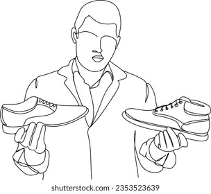 Footwear Choice: One-Line Cartoon of Salesman with Sports and Leather Shoes, One-Line Cartoon Sketch of Salesman Holding Sports and Leather Shoes