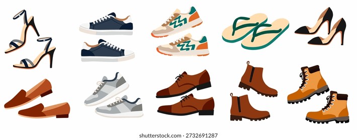 Coleção de calçados em estilo vetorial plano com tênis, saltos, botas, loafers, sandálias e chinelos. Ideal para ilustrações de moda, catálogos de sapatos, gráficos de estilo de vida e marcas de vestuário.