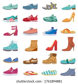 Footwear collection. Male and female shoes, sneakers, flat and boots, trendy winter, spring shoes, elegant footwear vector illustration icons set. Female footwear and sneakers, foot shoes fashionable