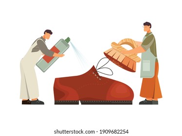 Footwear designer shoemaker shop flat composition with pair of workers taking care of shoe vector illustration
