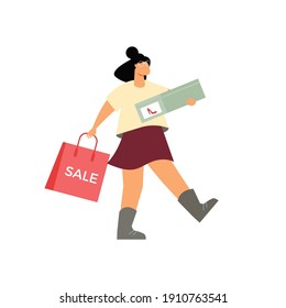 Footwear designer shoemaker shop flat composition with happy female customer just purchased shoes vector illustration