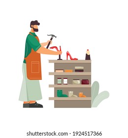 Footwear designer shoemaker shop flat composition with male worker fixing high heel shoe vector illustration