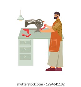 Footwear designer shoemaker shop flat composition with male worker with sewing machine and shoe vector illustration