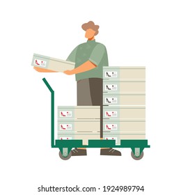 Footwear designer shoemaker shop flat composition with warehouse worker with trolley and shoes in boxes vector illustration