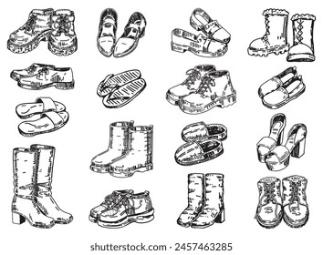 Footwear doodle set. Sketch of shoes, sandals, slippers, boots. Outline vector illustrations collection.