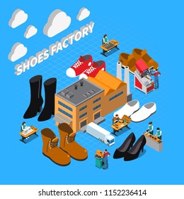 Footwear factory isometric concept with shoes and boots symbols vector illustration