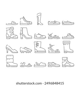 Footwear Fashionable And Luxury Icons Set Vector. Moonwalkers And Rubber Boots, Sneakers And Slippers, Moccasins And Sandals Footwear For Comfortable Walk And Run. Shoes Black Contour Illustrations