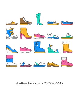 Vector de conjunto de iconos de moda y lujo de calzado. Moonwalkers Y Botas De Goma, Zapatillas Y Zapatillas, Mocasines Y Sandalias Calzado Para Caminar Y Correr Cómodo. Zapatos color Contorno Ilustraciones