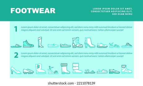 Footwear Fashionable And Luxury landing web page header vector. Moonwalkers And Rubber Boots, Sneakers And Slippers, Moccasins And Sandals Footwear For Comfortable Walk Run. Shoes Color Illustrations