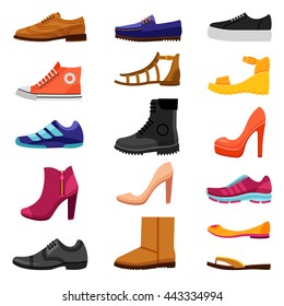 Footwear flat colored icons set of male and female shoes boots sandals for different seasons isolated vector illustration 