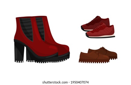 Footwear with High Heeled Ankle Boots and Laced Training Shoes Vector Set