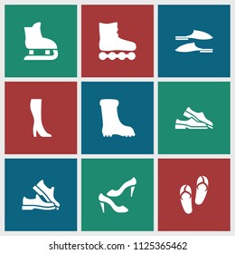 Footwear icon. collection of 9 footwear filled icons such as flip flops, slippers, shoe, boot, roller skate, woman boot, man shoe. editable footwear icons for web and mobile.