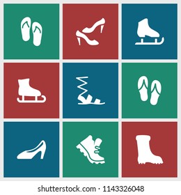 Footwear icon. collection of 9 footwear filled icons such as sandals, shoe, boot, woman shoe, flip flops, ice skating. editable footwear icons for web and mobile.