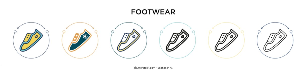 Footwear icon in filled, thin line, outline and stroke style. Vector illustration of two colored and black footwear vector icons designs can be used for mobile, ui, web