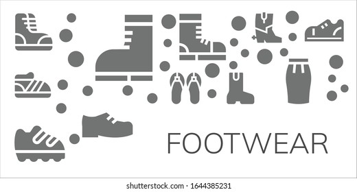 footwear icon set. 11 filled footwear icons.  Simple modern icons such as: Boots, Shoe, Sandals, Boot, Shoes, Skirt, Sneakers