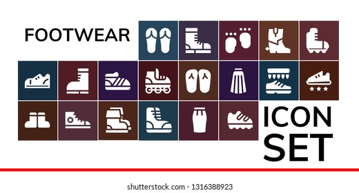 footwear icon set. 19 filled footwear icons.  Simple modern icons about  - Sandals, Sneakers, Boots, Skirt, Shoe, Roller skate, Slippers, Shoes, Sport shoe, Feet