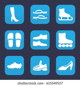 Footwear icon. set of 9 filled footwear icons such as woman boot, slippers, man shoe, woman shoe, soccer trainers, trainers, flip flops, roller skate